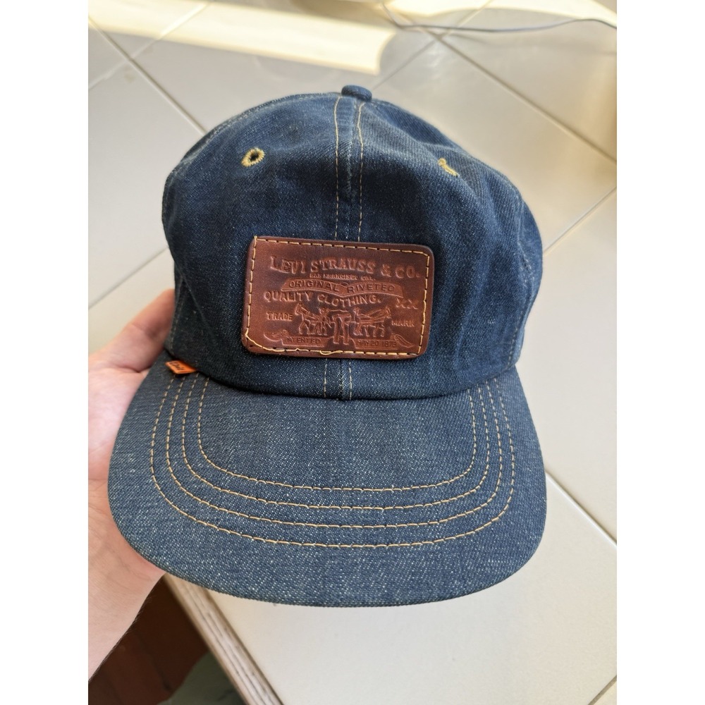 Levis Vintage Orange Tab Blue Denim Leather Patch Leather Strap Hat FLAW READ